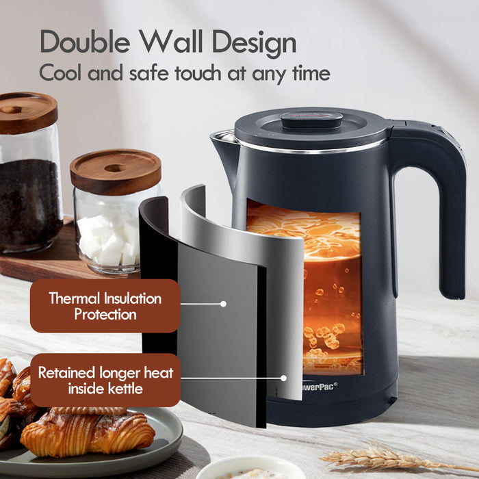 PowerPac Electric Kettle Jug, Cordless Kettle 1.8L Cool Touch Insulation (PPJ2022) Black
