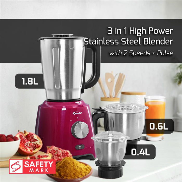 PowerPac High Power Blender, 3 IN 1 Multi-functional Stainless Steel Blender with Dry Mill, Mincer Filter (PPBL906)
