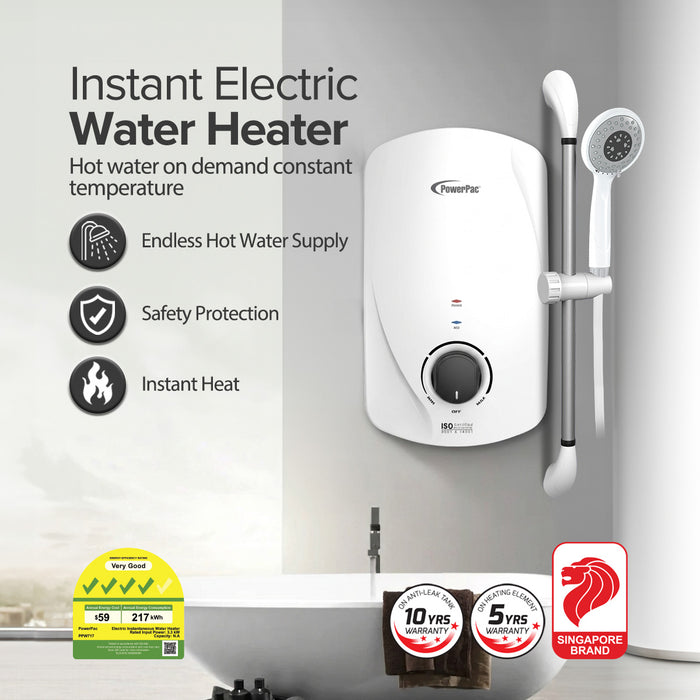 PowerPac Instant Water Heater with Shower Set, Shower Heater 2.5L/Min, 3300W (PPW717)