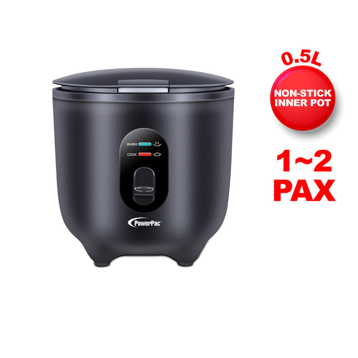 PowerPac Mini Rice Cooker, Personal Rice Cooker 0.5L with non-stick Inner Pot (PPRC607) Black
