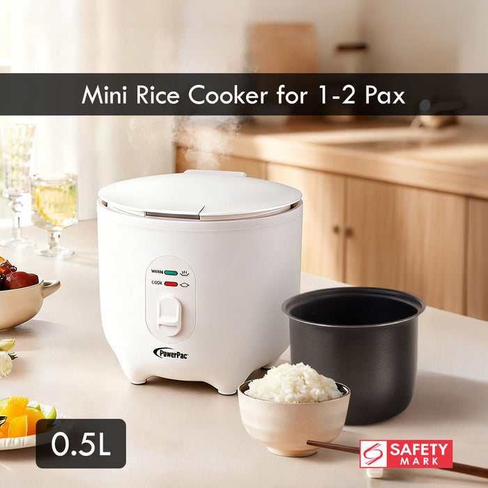 PowerPac Mini Rice Cooker, Personal Rice Cooker 0.5L with non-stick Inner Pot (PPRC607) Black