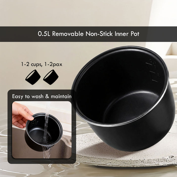 PowerPac Mini Rice Cooker, Personal Rice Cooker 0.5L with non-stick Inner Pot (PPRC607) Black