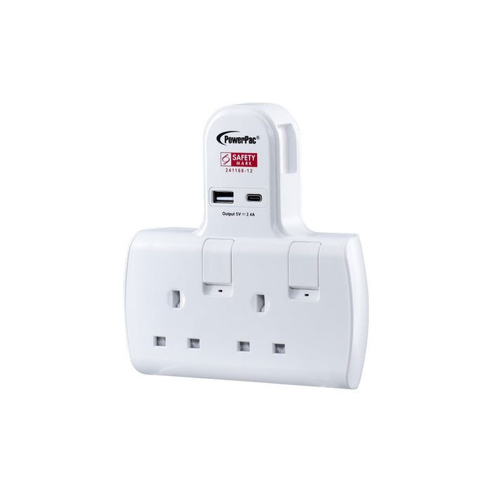 PowerPac Multi Plug Extension Adapter with 2 Way adapter, USB-A, USB-C, 2 Way Socket Adaptor (PP292U)