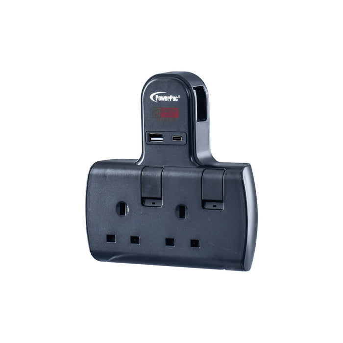 PowerPac Multi Plug Extension Adapter with 2 Way adapter, USB-A, USB-C, 2 Way Socket Adaptor (PP292UBK)