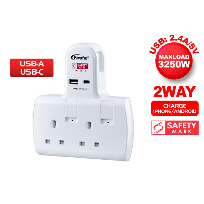 PowerPac Multi Plug Extension Adapter with 2 Way adapter, USB-A, USB-C, 2 Way Socket Adaptor (PP292U)