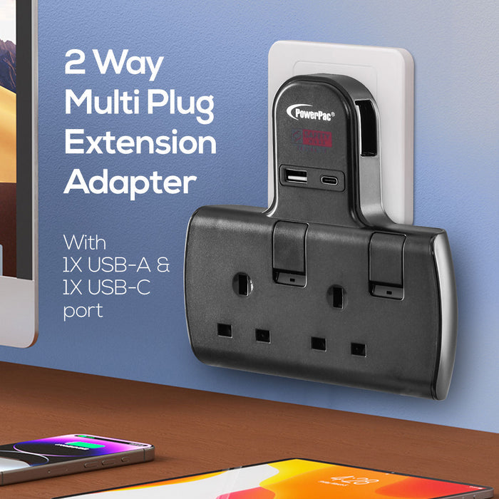 PowerPac Multi Plug Extension Adapter with 2 Way adapter, USB-A, USB-C, 2 Way Socket Adaptor (PP292UBK)