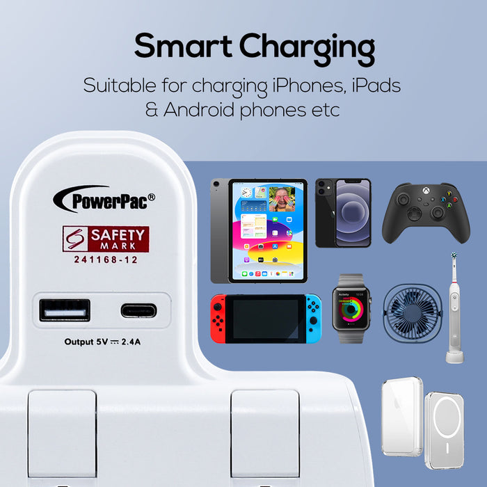 PowerPac Multi Plug Extension Adapter with 2 Way adapter, USB-A, USB-C, 2 Way Socket Adaptor (PP292U)
