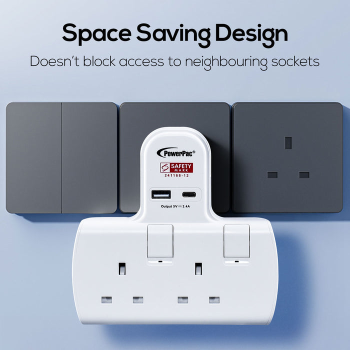 PowerPac Multi Plug Extension Adapter with 2 Way adapter, USB-A, USB-C, 2 Way Socket Adaptor (PP292U)