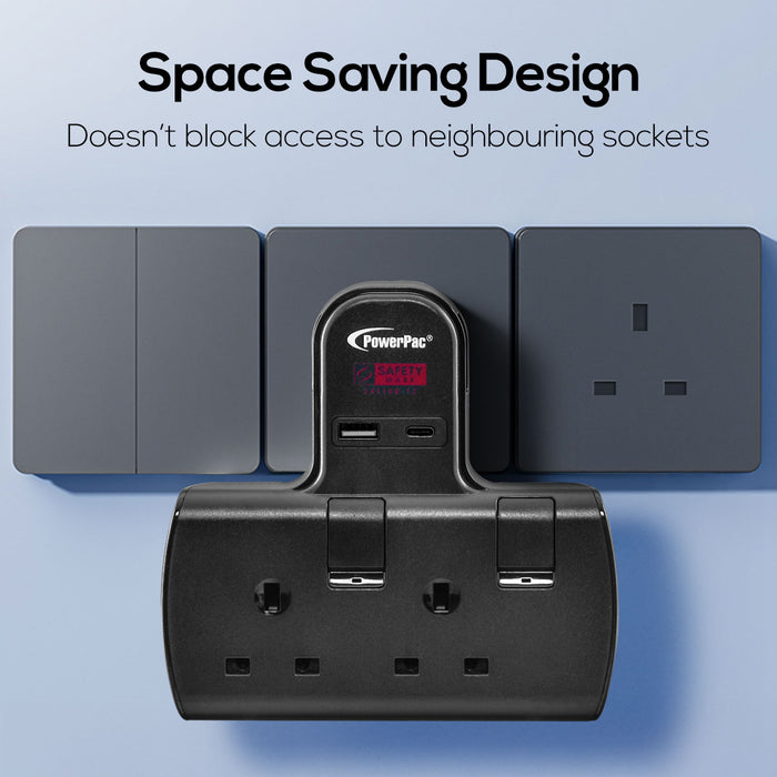 PowerPac Multi Plug Extension Adapter with 2 Way adapter, USB-A, USB-C, 2 Way Socket Adaptor (PP292UBK)
