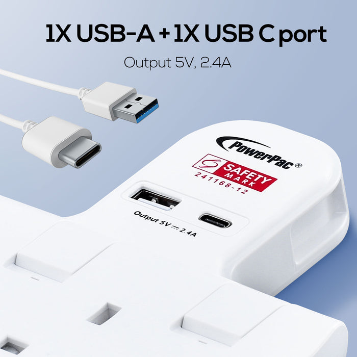 PowerPac Multi Plug Extension Adapter with 2 Way adapter, USB-A, USB-C, 2 Way Socket Adaptor (PP292U)
