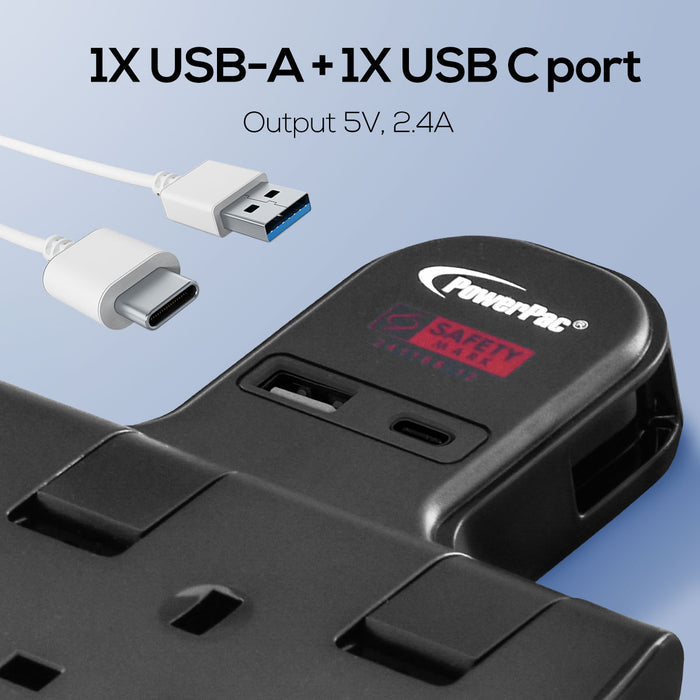 PowerPac Multi Plug Extension Adapter with 2 Way adapter, USB-A, USB-C, 2 Way Socket Adaptor (PP292UBK)