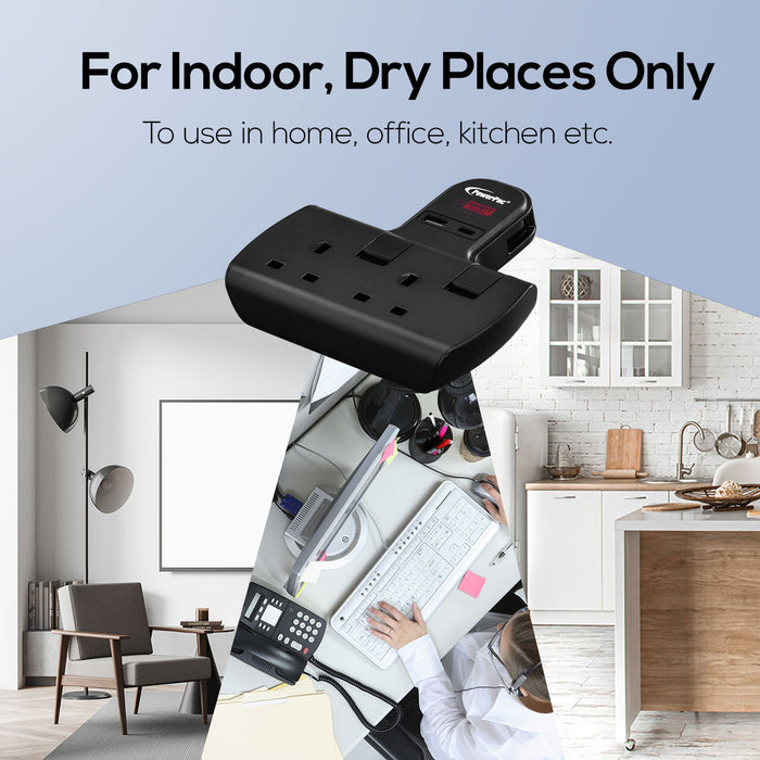 PowerPac Multi Plug Extension Adapter with 2 Way adapter, USB-A, USB-C, 2 Way Socket Adaptor (PP292UBK)