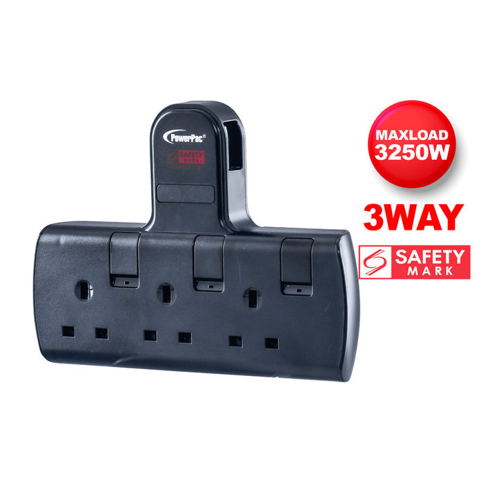 PowerPac Multi Plug Extension Adapter with 3 Way adapter, 3 way Socket Adaptor (PP273BK)