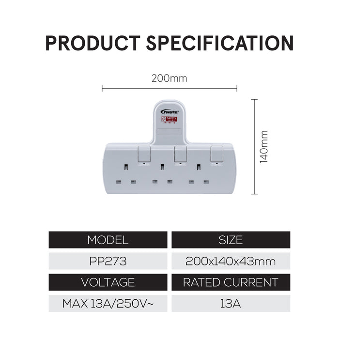 PowerPac Multi Plug Extension Adapter with 3 Way adapter, 3 way Socket Adaptor (PP273)