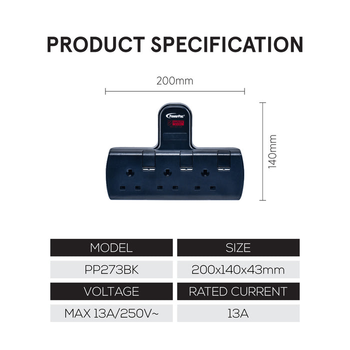 PowerPac Multi Plug Extension Adapter with 3 Way adapter, 3 way Socket Adaptor (PP273BK)