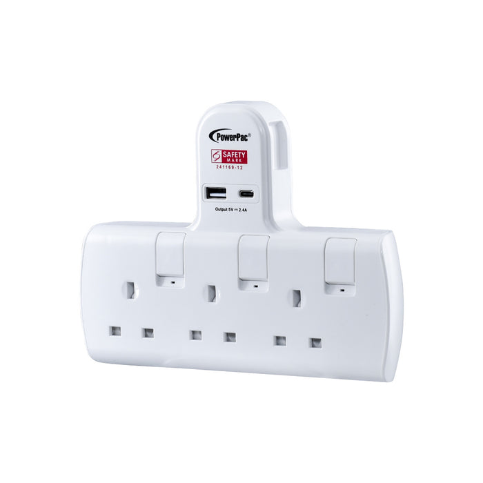 PowerPac Multi Plug Extension Adapter with 3 Way adapter, USB-A, USB-C, 3 Way Socket Adaptor (PP293U)