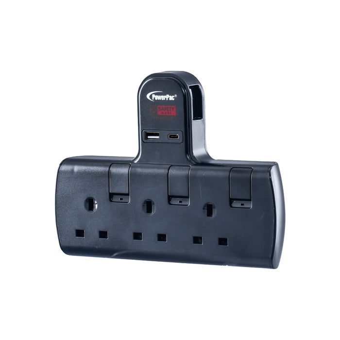 PowerPac Multi Plug Extension Adapter with 3 Way adapter, USB-A, USB-C, 3 Way Socket Adaptor (PP293UBK)