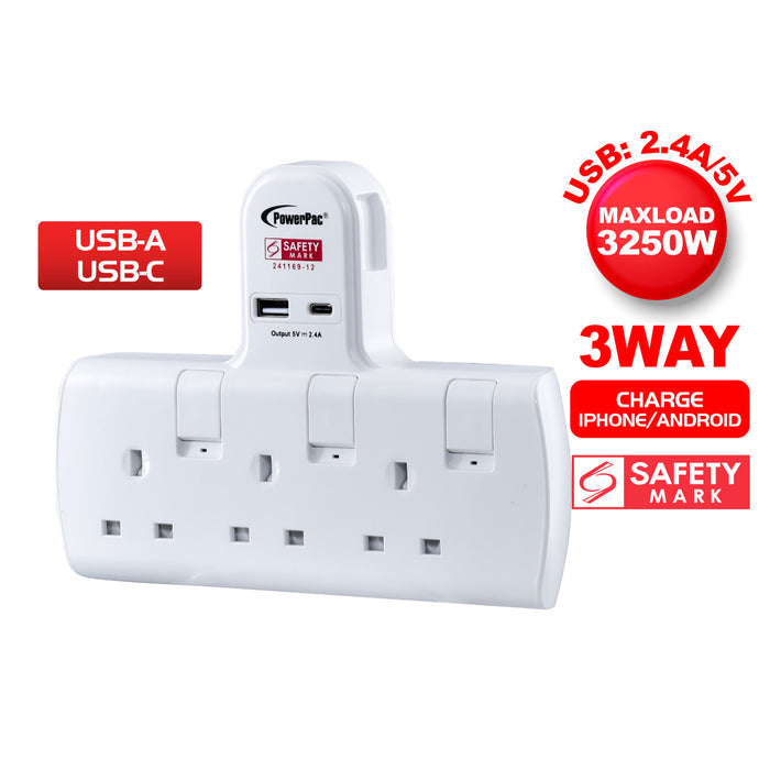 PowerPac Multi Plug Extension Adapter with 3 Way adapter, USB-A, USB-C, 3 Way Socket Adaptor (PP293U)