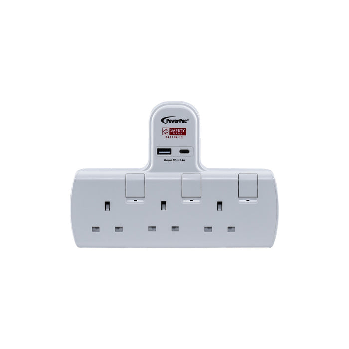 PowerPac Multi Plug Extension Adapter with 3 Way adapter, USB-A, USB-C, 3 Way Socket Adaptor (PP293U)