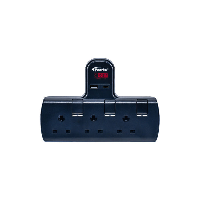 PowerPac Multi Plug Extension Adapter with 3 Way adapter, USB-A, USB-C, 3 Way Socket Adaptor (PP293UBK)