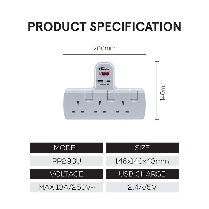 PowerPac Multi Plug Extension Adapter with 3 Way adapter, USB-A, USB-C, 3 Way Socket Adaptor (PP293U)