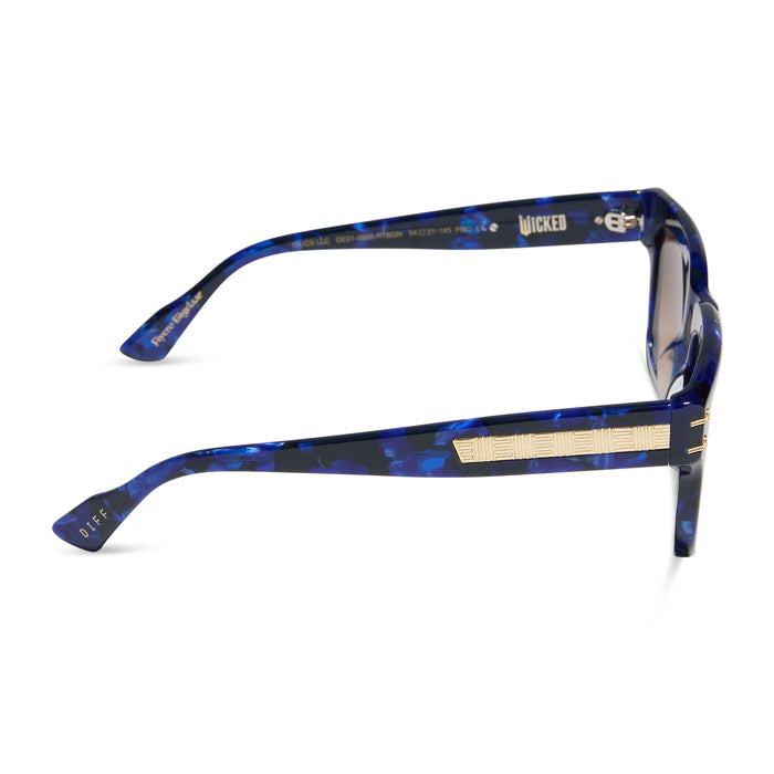 wicked x diff eyewear featuring the prince fiyero square sunglasses with a regal blue tortoise frame and brown gradient lenses side view