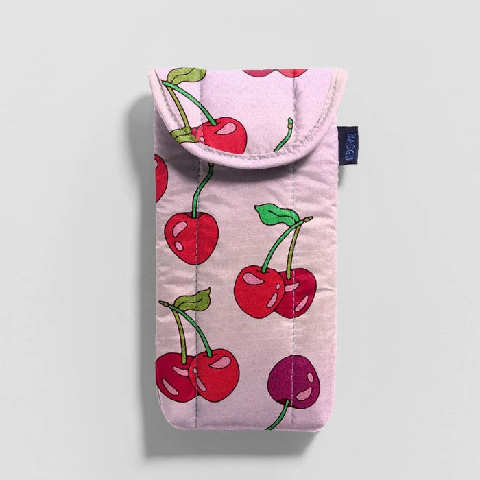 Pink glasses pouch with cherry design on a light gray background