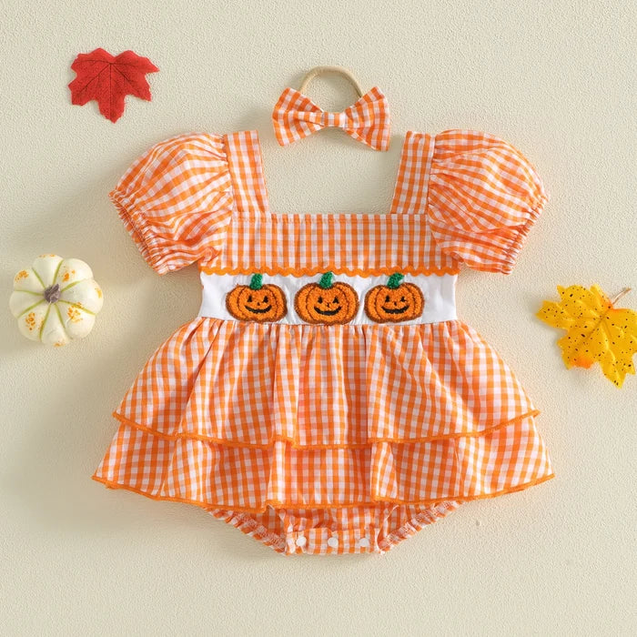 PUMPKINS Checkered Romper with Headband