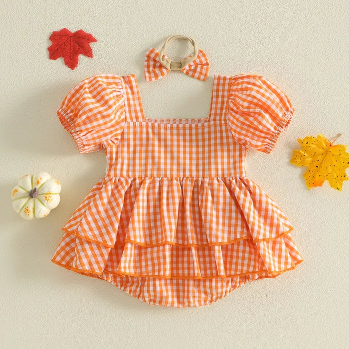 PUMPKINS Checkered Romper with Headband
