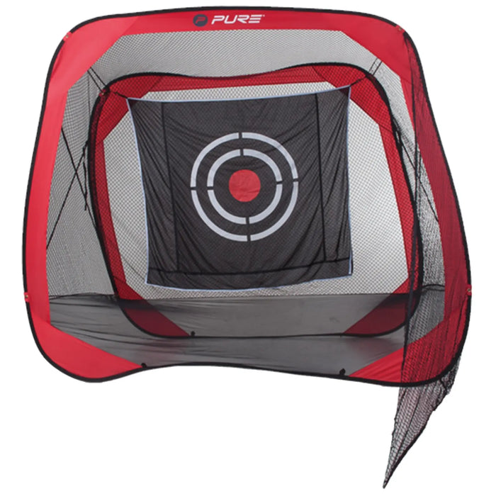 A large red and black sports net with a target printed on it stands upright it is designed for practice sessions in various outdoor or indoor environments