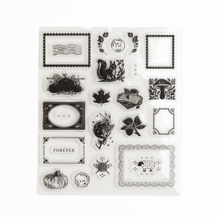 Clear acrylic stamp sheet with vintage postage frames and autumn nature motifs