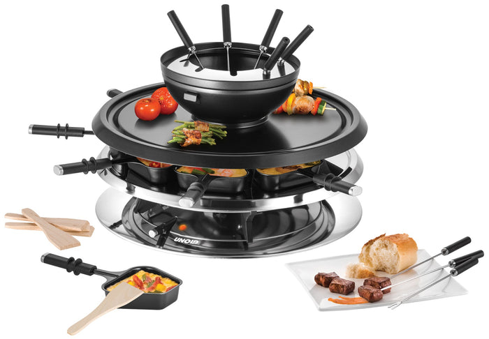 Das Unold Raclette Multi 4 in 1 inklusive Raclette Buch wird mit Spießen, Holzgabeln und Raclette-Pfännchen geliefert und ermöglicht Ihnen, geschmolzenen Käse, gegrilltes Gemüse, Brot und gekochtes Fleisch auf einem Teller angerichtet zu genießen.