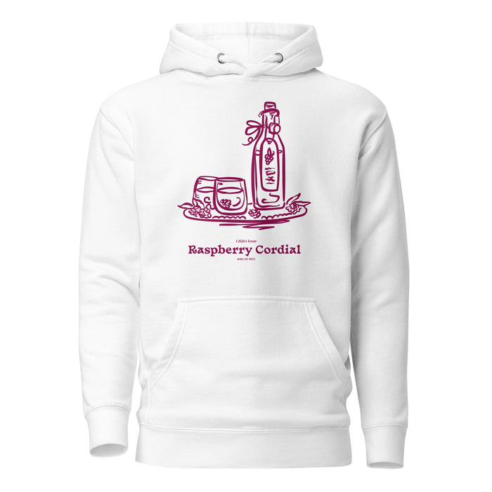 Raspberry Cordial Hoodie - The Bean Workshop - Anne of Green Gables, Anne Shirley Fandom, Book Club Gift, Cordial Bottle Motif, Cottagecore Aesthetic, Crimson Berry Illustration, Hoodie, L.M. Montgomery, Literary Quote Hoodie for Anne Fans, Raspberry Cordial Hoodie for Book Lovers, Reader Gift, Vintage Sketch Style