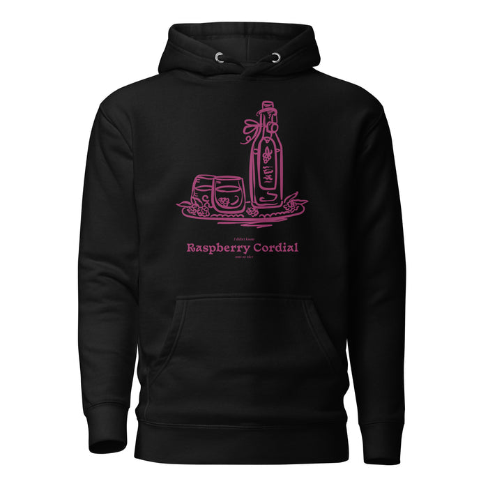 Raspberry Cordial Hoodie - The Bean Workshop - Anne of Green Gables, Anne Shirley Fandom, Book Club Gift, Cordial Bottle Motif, Cottagecore Aesthetic, Crimson Berry Illustration, Hoodie, L.M. Montgomery, Literary Quote Hoodie for Anne Fans, Raspberry Cordial Hoodie for Book Lovers, Reader Gift, Vintage Sketch Style