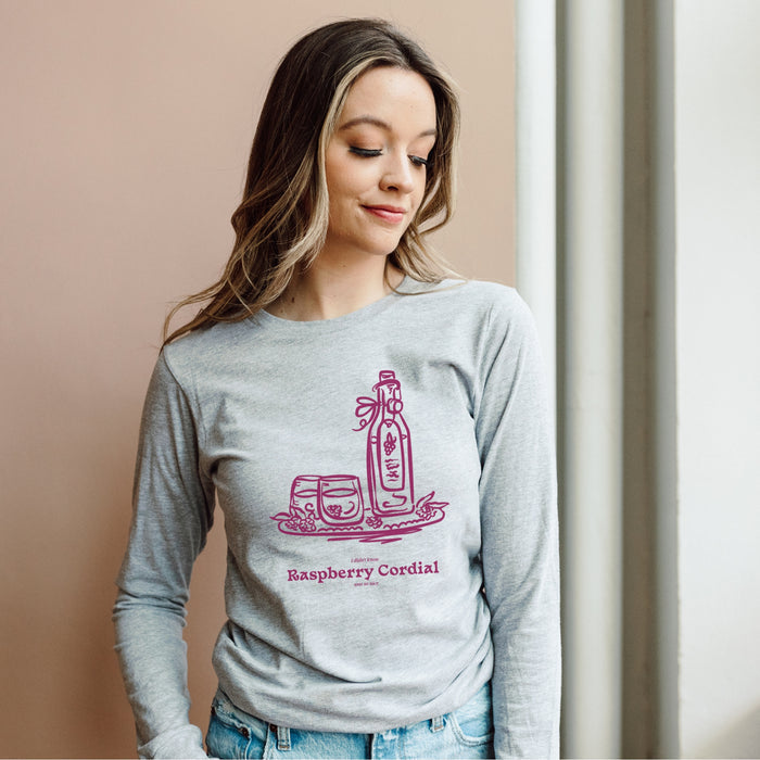 Raspberry Cordial Long Sleeve Tee - The Bean Workshop - Anne of Green Gables, Anne Shirley Fandom, Book Club Gift, Cordial Bottle Motif, Cottagecore Aesthetic, Crimson Berry Illustration, L.M. Montgomery, Literary Quote Long sleeve Shirt for Anne Fans, Long sleeve Tee, Raspberry Cordial long sleeve tee for Bookworms, Reader Gift, Vintage Sketch Style