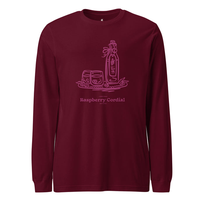 Raspberry Cordial Long Sleeve Tee - The Bean Workshop - Anne of Green Gables, Anne Shirley Fandom, Book Club Gift, Cordial Bottle Motif, Cottagecore Aesthetic, Crimson Berry Illustration, L.M. Montgomery, Literary Quote Long sleeve Shirt for Anne Fans, Long sleeve Tee, Raspberry Cordial long sleeve tee for Bookworms, Reader Gift, Vintage Sketch Style