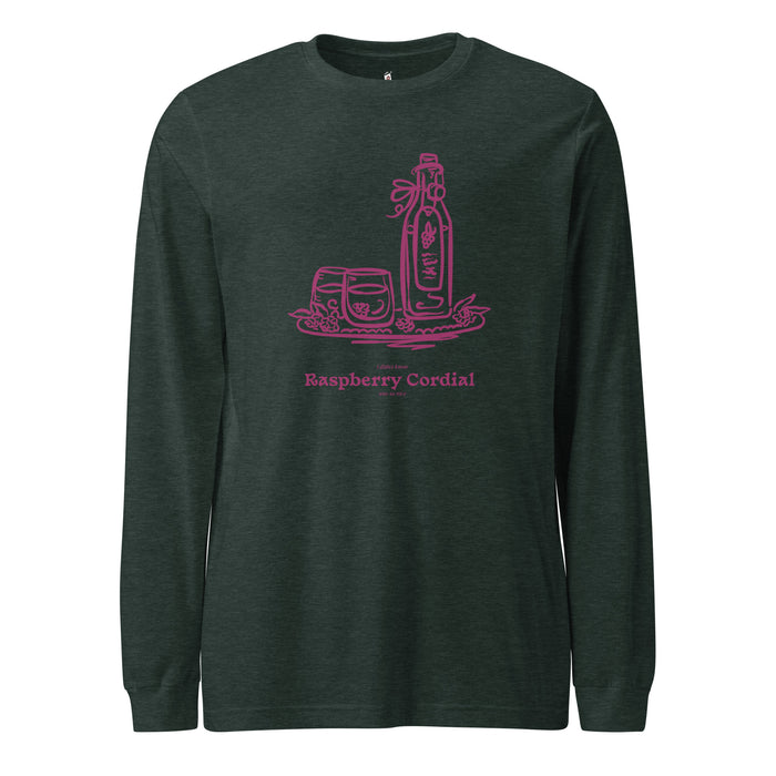 Raspberry Cordial Long Sleeve Tee - The Bean Workshop - Anne of Green Gables, Anne Shirley Fandom, Book Club Gift, Cordial Bottle Motif, Cottagecore Aesthetic, Crimson Berry Illustration, L.M. Montgomery, Literary Quote Long sleeve Shirt for Anne Fans, Long sleeve Tee, Raspberry Cordial long sleeve tee for Bookworms, Reader Gift, Vintage Sketch Style