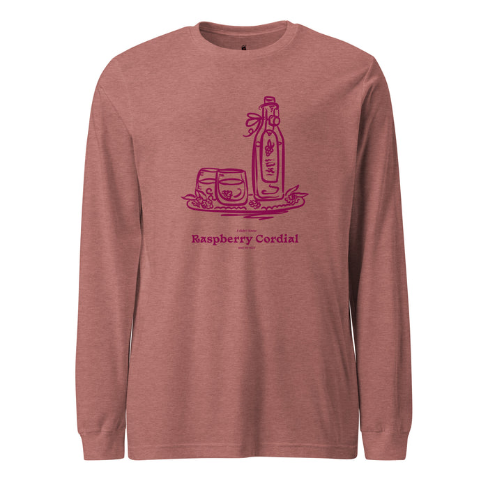 Raspberry Cordial Long Sleeve Tee - The Bean Workshop - Anne of Green Gables, Anne Shirley Fandom, Book Club Gift, Cordial Bottle Motif, Cottagecore Aesthetic, Crimson Berry Illustration, L.M. Montgomery, Literary Quote Long sleeve Shirt for Anne Fans, Long sleeve Tee, Raspberry Cordial long sleeve tee for Bookworms, Reader Gift, Vintage Sketch Style