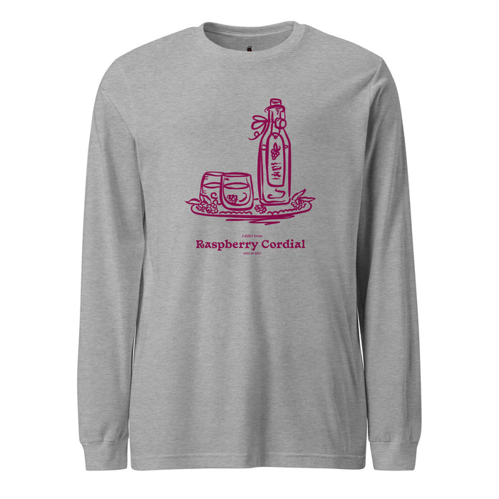 Raspberry Cordial Long Sleeve Tee - The Bean Workshop - Anne of Green Gables, Anne Shirley Fandom, Book Club Gift, Cordial Bottle Motif, Cottagecore Aesthetic, Crimson Berry Illustration, L.M. Montgomery, Literary Quote Long sleeve Shirt for Anne Fans, Long sleeve Tee, Raspberry Cordial long sleeve tee for Bookworms, Reader Gift, Vintage Sketch Style