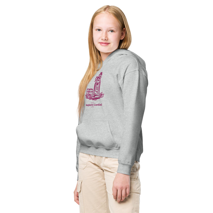 Raspberry Cordial Youth Hoodie - The Bean Workshop - Anne of Green Gables, Anne Shirley Fandom, Cordial Bottle Motif, Cottagecore Aesthetic, Crimson Berry Illustration, Gift for Young Book Lovers, Kids Anne of Green Gables Hoodie, L.M. Montgomery, Raspberry Cordial Youth Hoodie for Young Readers, Vintage Sketch Style, Youth Hoodie