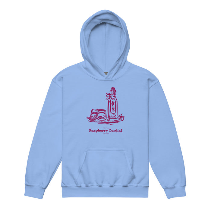 Raspberry Cordial Youth Hoodie - The Bean Workshop - Anne of Green Gables, Anne Shirley Fandom, Cordial Bottle Motif, Cottagecore Aesthetic, Crimson Berry Illustration, Gift for Young Book Lovers, Kids Anne of Green Gables Hoodie, L.M. Montgomery, Raspberry Cordial Youth Hoodie for Young Readers, Vintage Sketch Style, Youth Hoodie