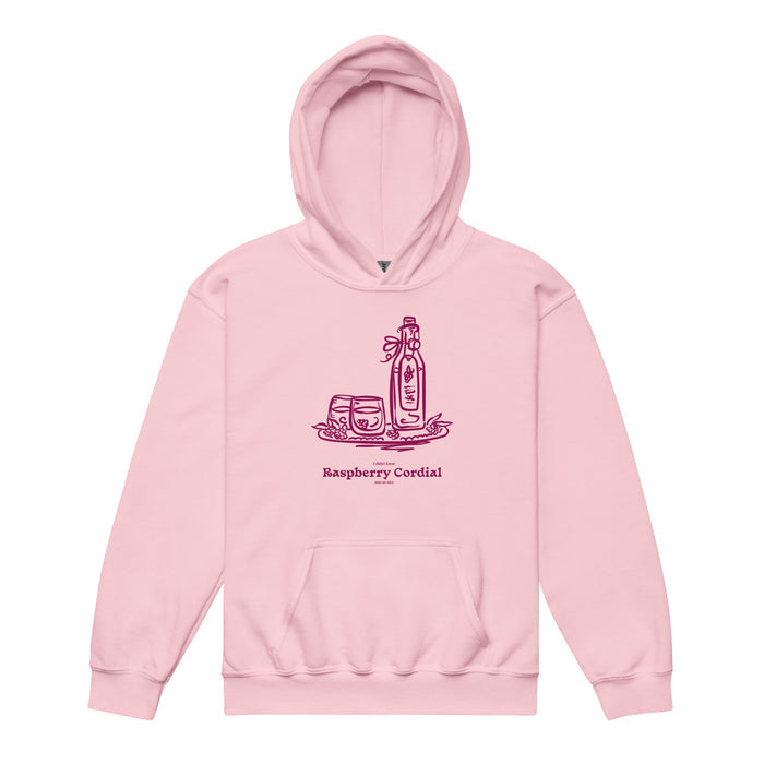 Raspberry Cordial Youth Hoodie - The Bean Workshop - Anne of Green Gables, Anne Shirley Fandom, Cordial Bottle Motif, Cottagecore Aesthetic, Crimson Berry Illustration, Gift for Young Book Lovers, Kids Anne of Green Gables Hoodie, L.M. Montgomery, Raspberry Cordial Youth Hoodie for Young Readers, Vintage Sketch Style, Youth Hoodie