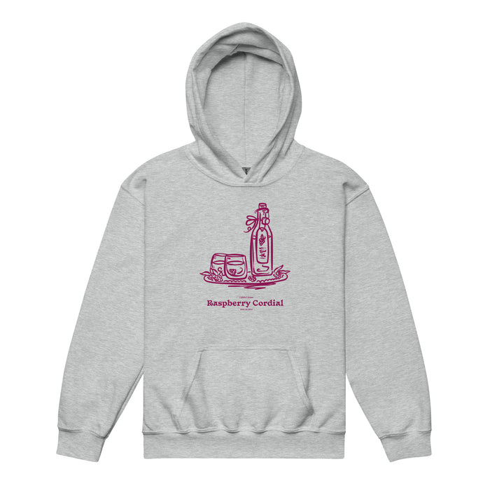 Raspberry Cordial Youth Hoodie - The Bean Workshop - Anne of Green Gables, Anne Shirley Fandom, Cordial Bottle Motif, Cottagecore Aesthetic, Crimson Berry Illustration, Gift for Young Book Lovers, Kids Anne of Green Gables Hoodie, L.M. Montgomery, Raspberry Cordial Youth Hoodie for Young Readers, Vintage Sketch Style, Youth Hoodie