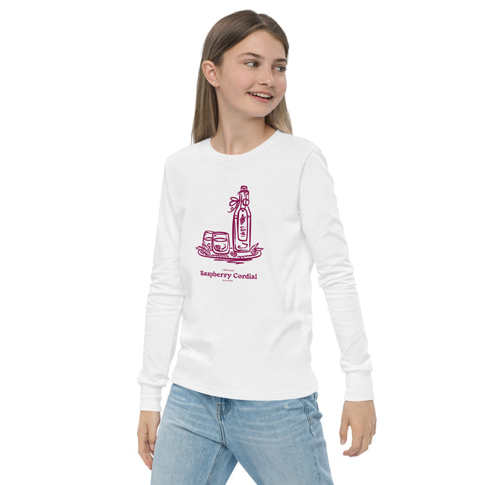 Raspberry Cordial Youth Long Sleeve Tee - The Bean Workshop - Anne of Green Gables, Anne Shirley Fandom, Cordial Bottle Motif, Cottagecore Aesthetic, Crimson Berry Illustration, Gift for Young Book Lovers, Kids Anne of Green Gables Long Sleeve Tee, L.M. Montgomery, Raspberry Cordial Youth Long Sleeve for Young Readers, Vintage Sketch Style, Youth Long Sleeve