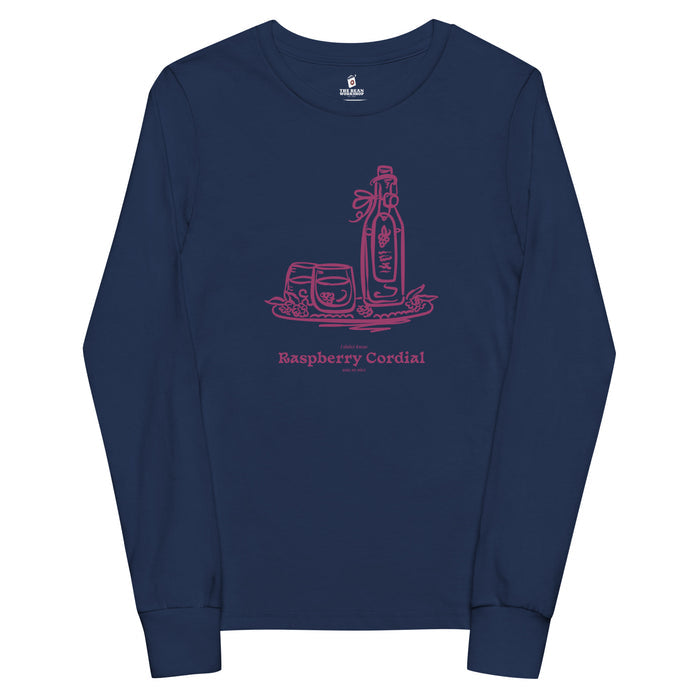 Raspberry Cordial Youth Long Sleeve Tee - The Bean Workshop - Anne of Green Gables, Anne Shirley Fandom, Cordial Bottle Motif, Cottagecore Aesthetic, Crimson Berry Illustration, Gift for Young Book Lovers, Kids Anne of Green Gables Long Sleeve Tee, L.M. Montgomery, Raspberry Cordial Youth Long Sleeve for Young Readers, Vintage Sketch Style, Youth Long Sleeve