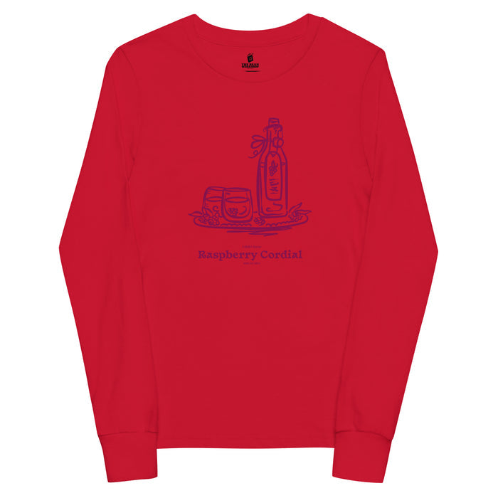 Raspberry Cordial Youth Long Sleeve Tee - The Bean Workshop - Anne of Green Gables, Anne Shirley Fandom, Cordial Bottle Motif, Cottagecore Aesthetic, Crimson Berry Illustration, Gift for Young Book Lovers, Kids Anne of Green Gables Long Sleeve Tee, L.M. Montgomery, Raspberry Cordial Youth Long Sleeve for Young Readers, Vintage Sketch Style, Youth Long Sleeve