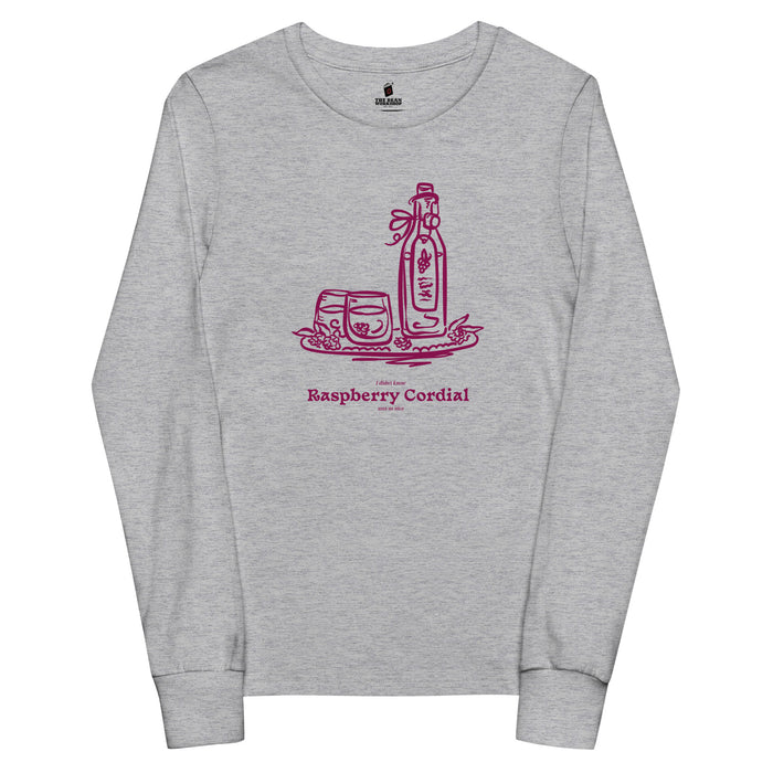Raspberry Cordial Youth Long Sleeve Tee - The Bean Workshop - Anne of Green Gables, Anne Shirley Fandom, Cordial Bottle Motif, Cottagecore Aesthetic, Crimson Berry Illustration, Gift for Young Book Lovers, Kids Anne of Green Gables Long Sleeve Tee, L.M. Montgomery, Raspberry Cordial Youth Long Sleeve for Young Readers, Vintage Sketch Style, Youth Long Sleeve