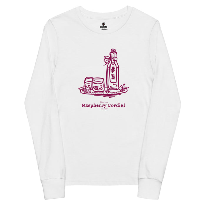 Raspberry Cordial Youth Long Sleeve Tee - The Bean Workshop - Anne of Green Gables, Anne Shirley Fandom, Cordial Bottle Motif, Cottagecore Aesthetic, Crimson Berry Illustration, Gift for Young Book Lovers, Kids Anne of Green Gables Long Sleeve Tee, L.M. Montgomery, Raspberry Cordial Youth Long Sleeve for Young Readers, Vintage Sketch Style, Youth Long Sleeve
