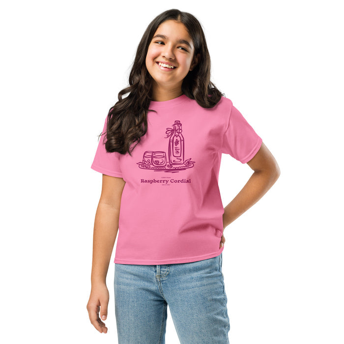 Raspberry Cordial Youth T-shirt - The Bean Workshop - Anne of Green Gables, Anne Shirley Fandom, Cordial Bottle Motif, Cottagecore Aesthetic, Crimson Berry Illustration, Gift for Young Book Lovers, Kids Anne of Green Gables Shirt, L.M. Montgomery, Raspberry Cordial Youth Tee for Young Readers, Vintage Sketch Style, Youth T-Shirt
