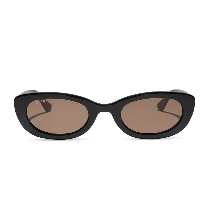 jojo fletcher x diff eyewear jordy round cat eye sunglasses with a black acetate frame and brown lenses front view
